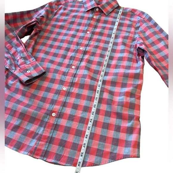 Old Navy slim fit button down long sleeve collard Coral plaid shirt size medium - Picture 10 of 14